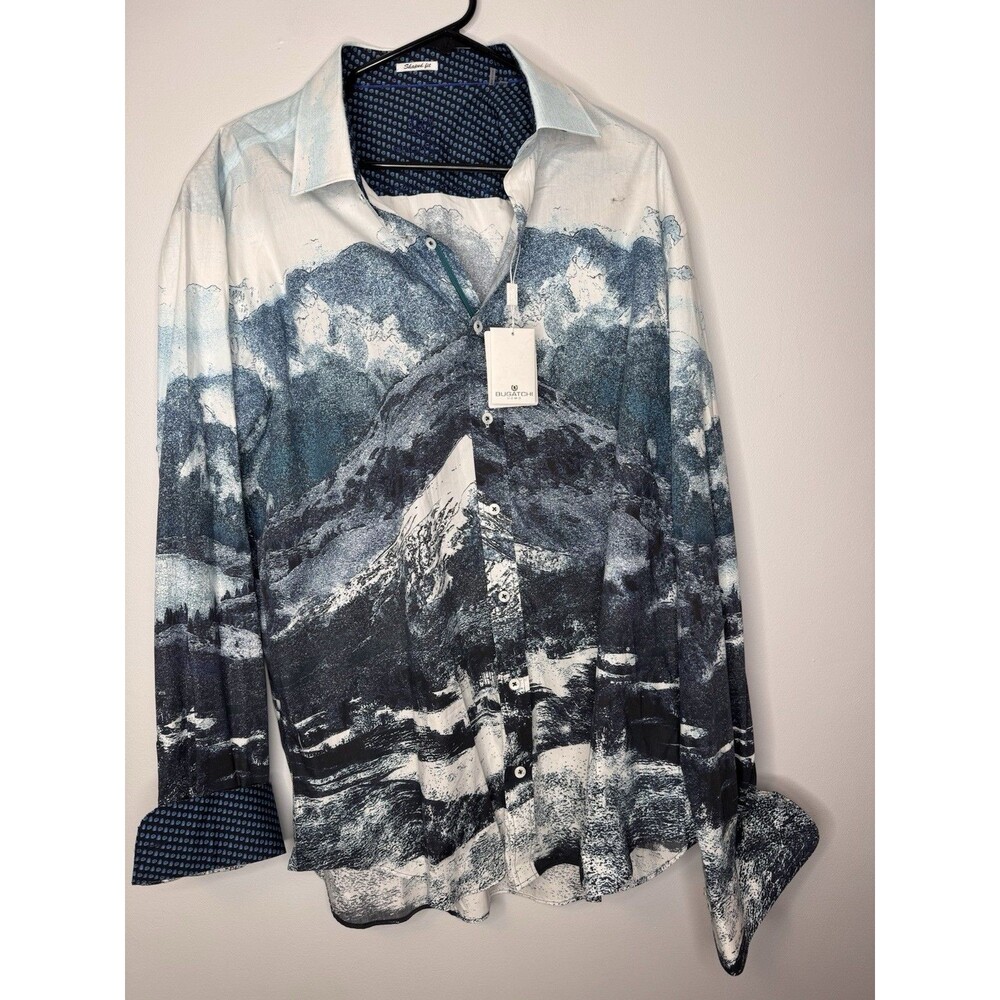 Bugatchi Men's Waves Ocean Button Up Collared Shirt Blue 2XL NWT Retail $199